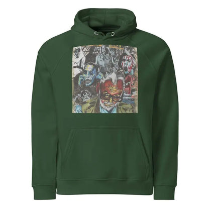 Forest green unisex hoodie featuring an artistic Romero graphic print on the chest