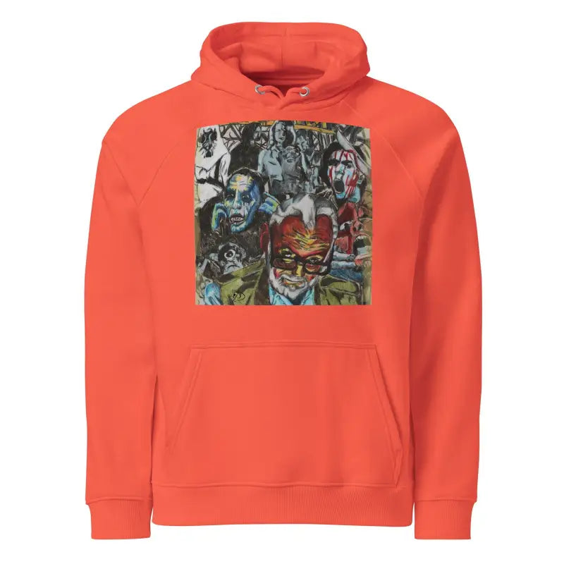 Coral eco raglan hoodie featuring vibrant graphic art, celebrating George A. Romero’s legacy