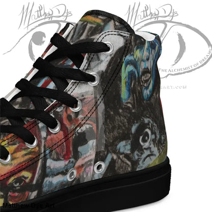 High-top women’s canvas sneakers with colorful graffiti featuring zombie art inspired by George Romero