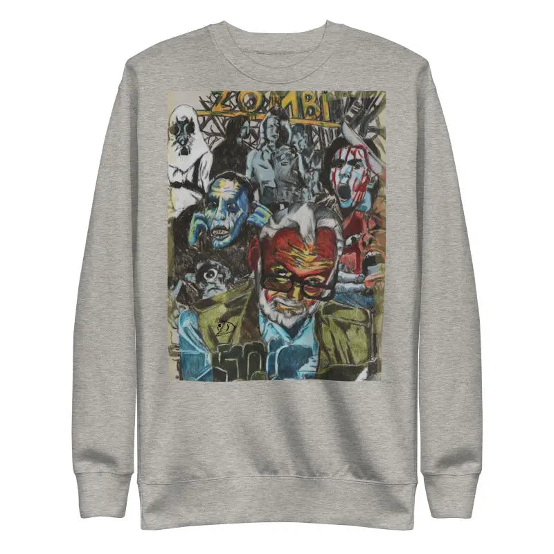 Grey sweatshirt with colorful graffiti art, embodying Romero’s unique cotton tribute