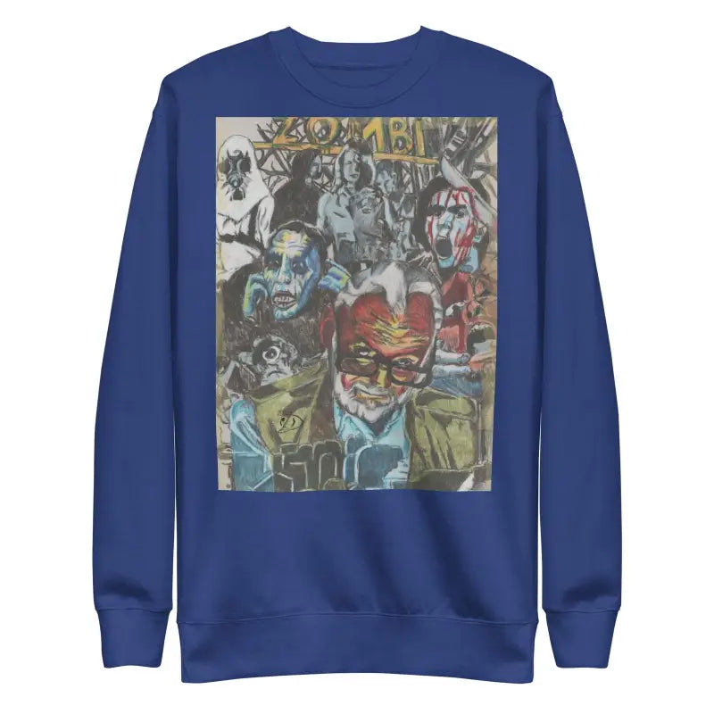 Navy blue crewneck sweatshirt with graffiti art print, Romero’s Legacy unique cotton design