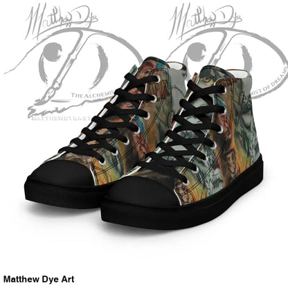 High-top Romero Zombie men’s sneakers featuring a colorful artistic print and black laces