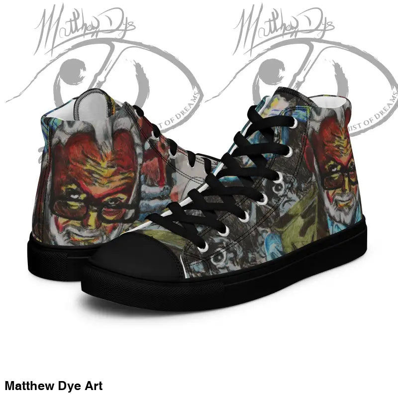 High-top sneakers with dark red comic book artwork for men featuring Romero Zombie design