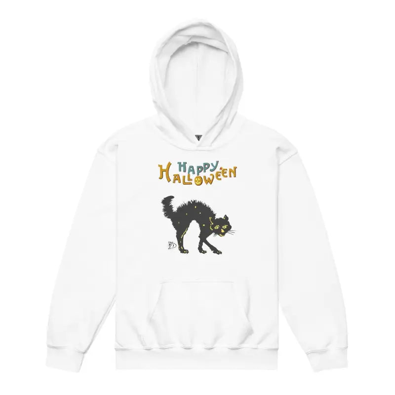 White hoodie featuring a black cat and Happy Halloween design in youth heavy blend