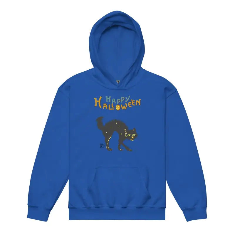 Royal blue hoodie featuring a black cat and Happy Halloween text for Halloween charm