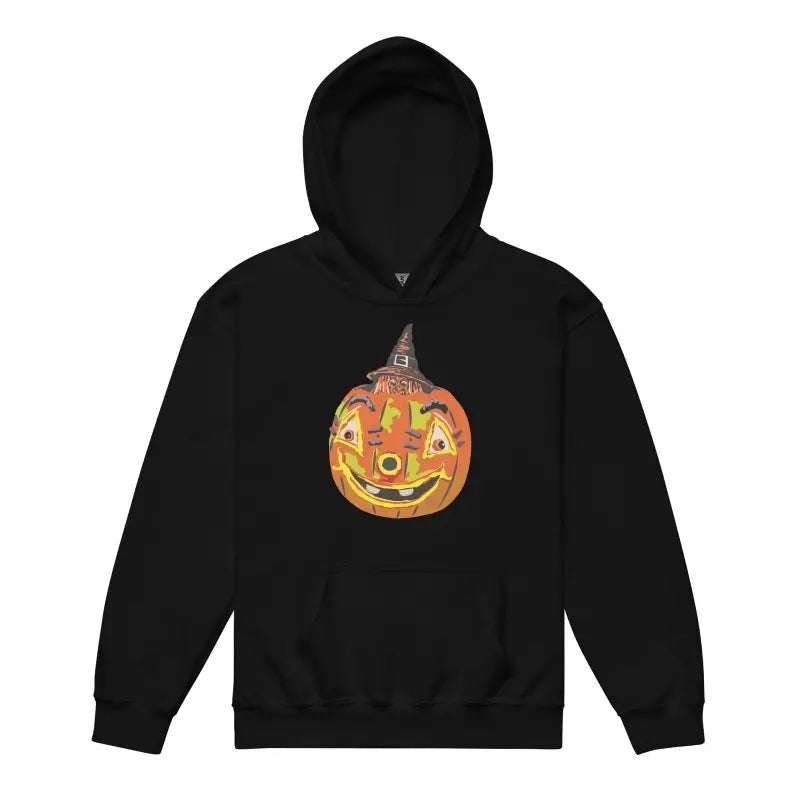 Black hoodie sweatshirt featuring a smiling jack-o’-lantern design for Pumpkin Witch youth