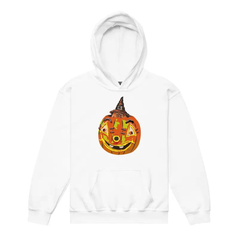 White hoodie sweatshirt featuring a smiling jack-o’-lantern and witch hat design for Pumpkin Witch Youth