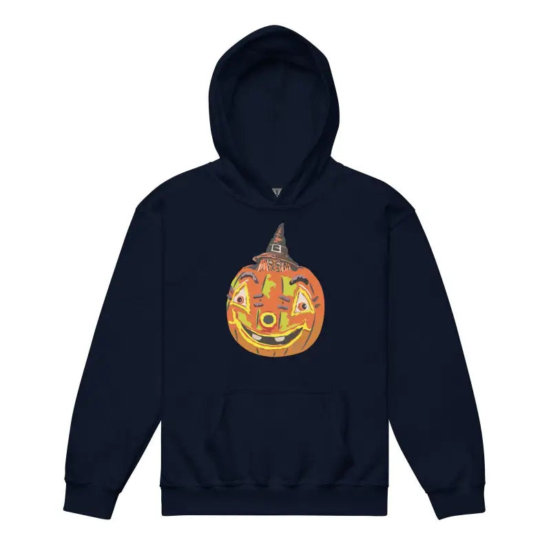 Navy blue hoodie featuring a smiling jack-o’-lantern for Pumpkin Witch Youth style