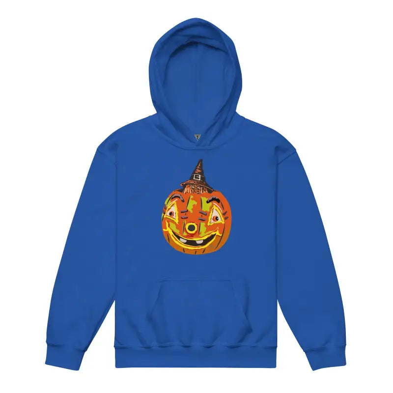 Royal Blue Pumpkin Witch Youth Heavy Blend Hoodie featuring smiling jack-o’-lantern design