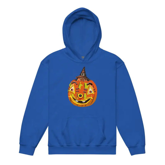 Royal Blue Pumpkin Witch Youth Heavy Blend Hoodie featuring smiling jack-o’-lantern design