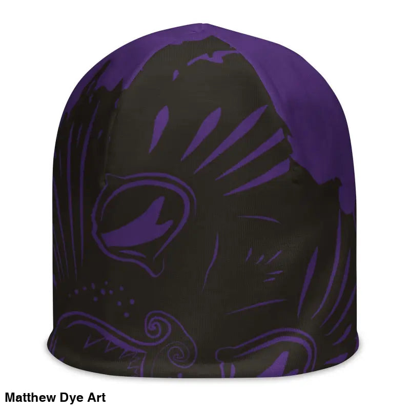 Black winter beanie with purple floral design, a stylish Kitty Head Beanie with surrealist interpretation