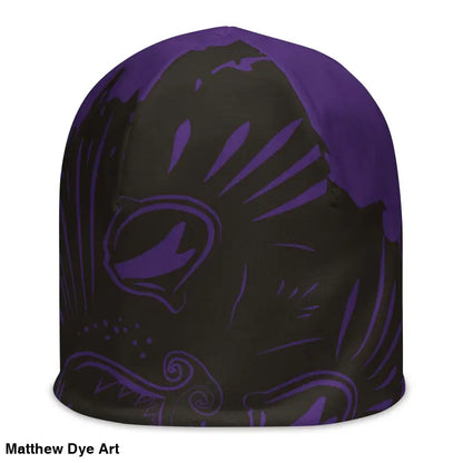 Black winter beanie with purple floral design, a stylish Kitty Head Beanie with surrealist interpretation
