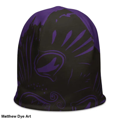 Black winter beanie hat with purple swirls featuring a Surrealist interpretation of a kitty head
