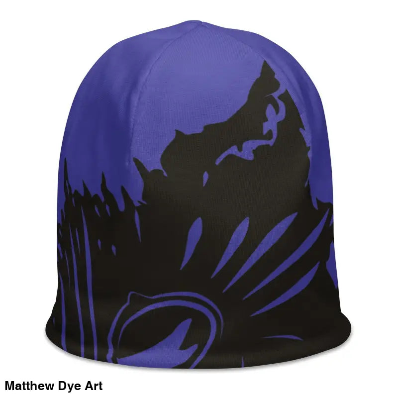 Purple and black winter beanie featuring abstract floral design for the Kitty Head Beanie