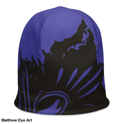 Purple and black winter beanie featuring abstract floral design for the Kitty Head Beanie
