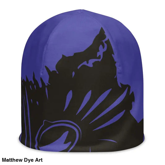 Winter kitty head beanie featuring a black abstract design on a purple background