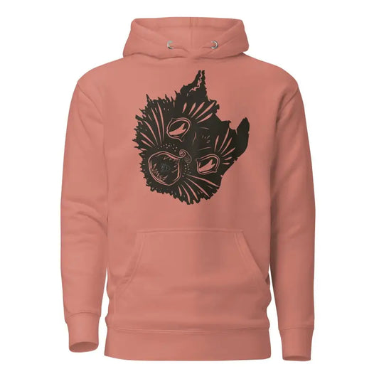 Salmon Serenity Awaits Kitty Head Unisex Hoodie featuring a black wolf head design