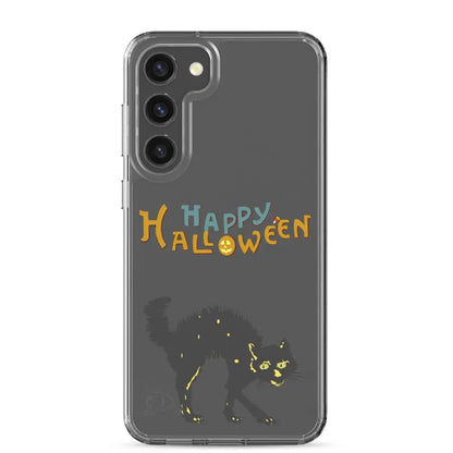 Clear phone case featuring a scary cat Halloween design for Samsung Galaxy