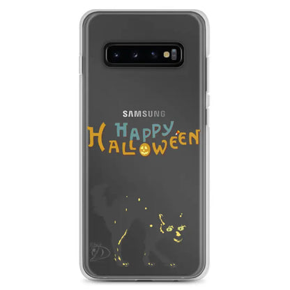 Samsung phone case featuring colorful Happy Halloween text with scary cat design