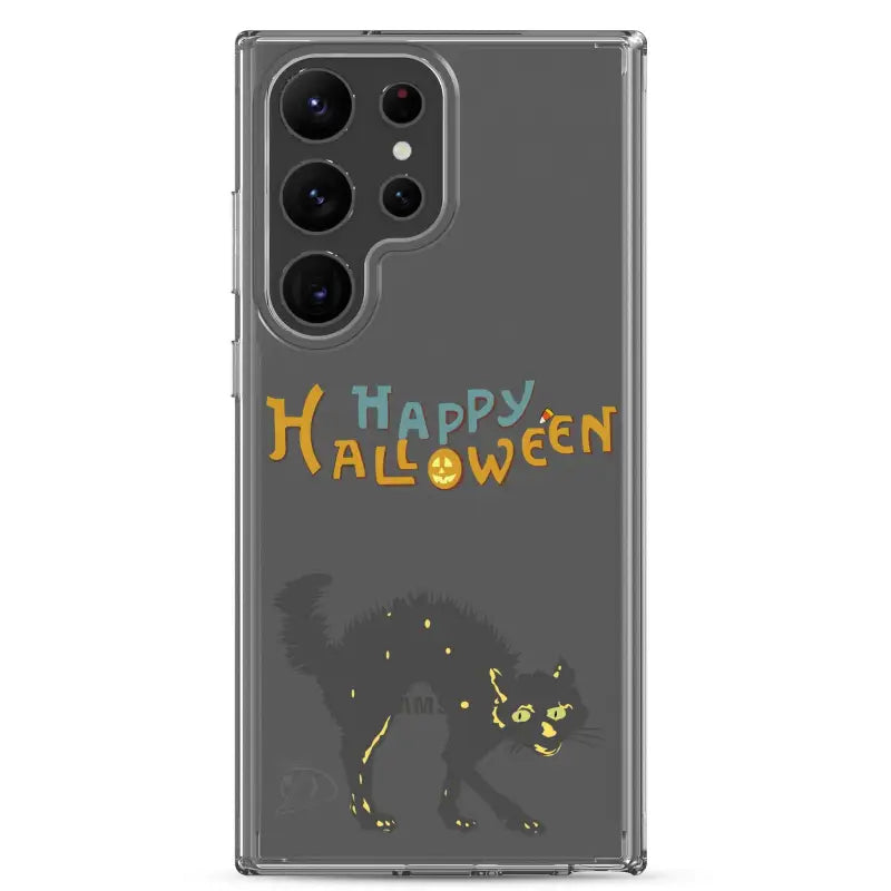 Clear phone case featuring a black scary cat and colorful text for Halloween designs