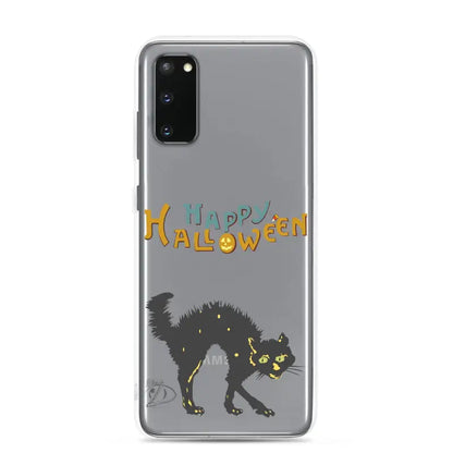 Clear case featuring a scary cat Halloween design for Samsung Galaxy with orange text