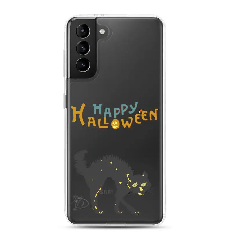 Samsung Galaxy case featuring a scary cat Halloween design in clear style