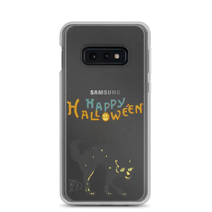 Clear Samsung phone case featuring Happy Halloween text and scary cat design