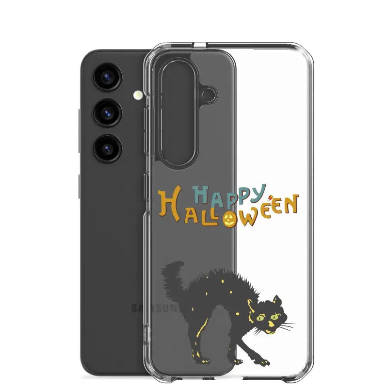 Clear phone case featuring a scary cat Halloween design for Samsung Galaxy