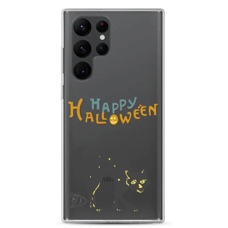 Grey smartphone case featuring Happy Halloween text and scary cat decorative elements