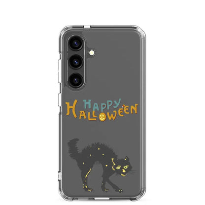 Clear phone case featuring a scary cat Halloween design and colorful Happy Halloween text