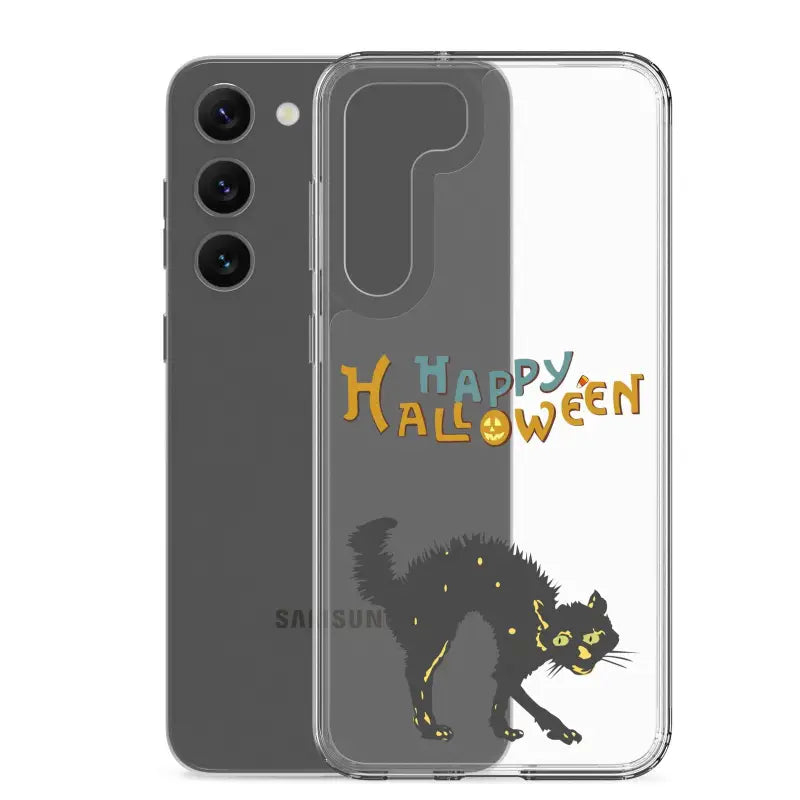 Clear phone case with scary cat Halloween design for Samsung Galaxy, featuring colorful text