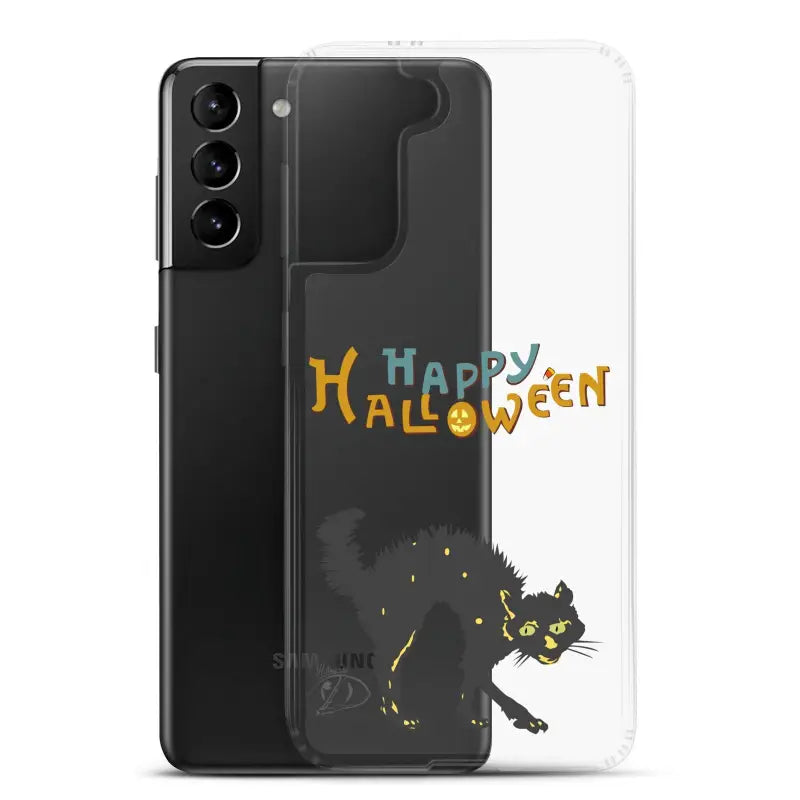 Clear phone case featuring Happy Halloween text and a scary cat design for Samsung Galaxy