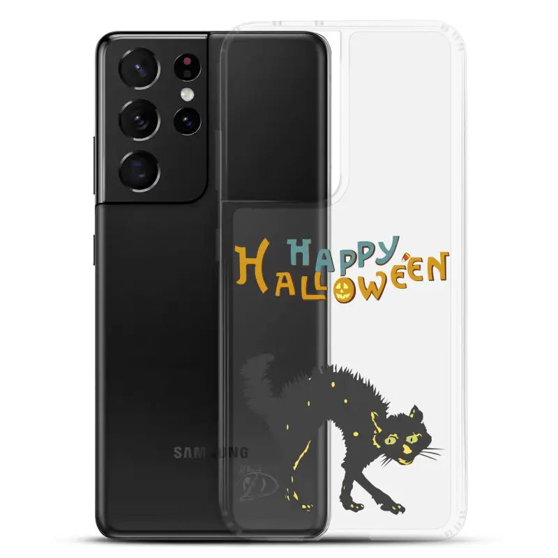 Black Samsung smartphone with Scary Cat Halloween clear case featuring spooky design