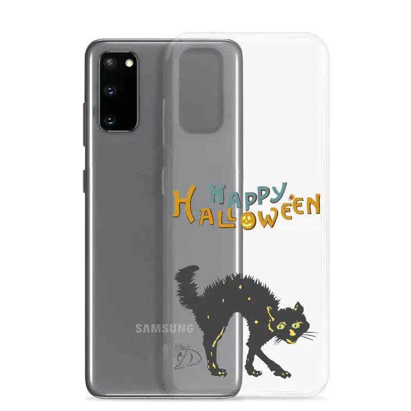 Clear phone case featuring a scary cat Halloween design for Samsung Galaxy