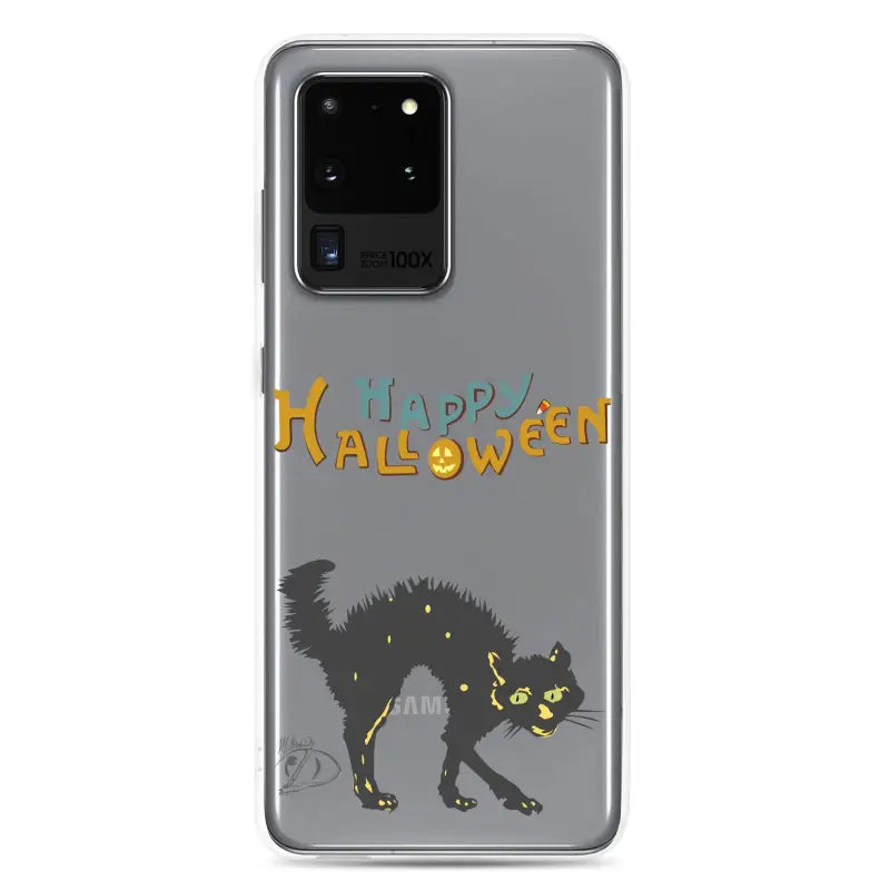 Clear phone case featuring a scary cat Halloween design for Samsung Galaxy