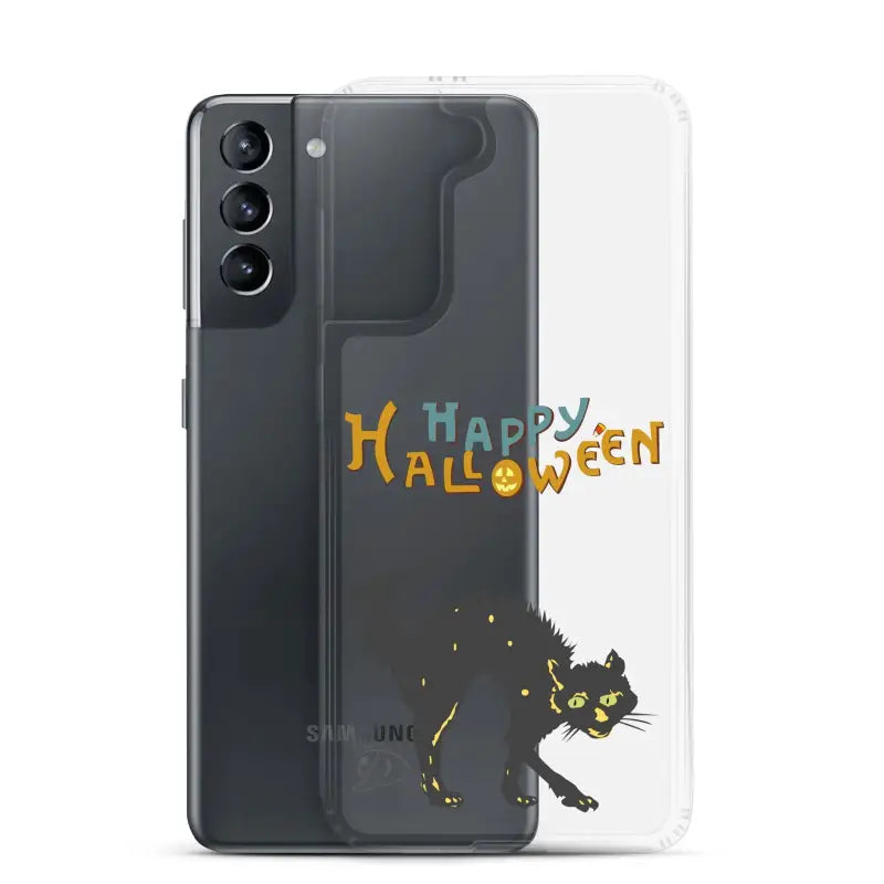 Clear phone case featuring a scary cat Halloween design for Samsung Galaxy