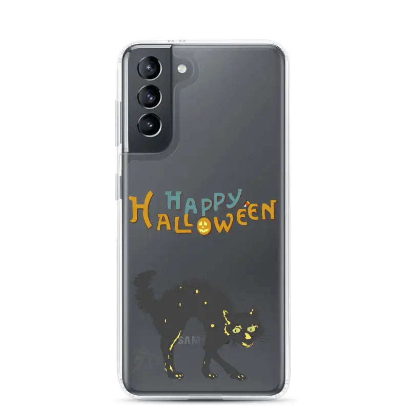 Samsung Galaxy phone with a scary cat Halloween design on a clear case