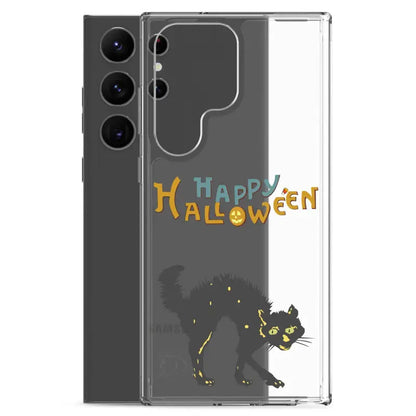 Clear case with scary cat Halloween art for Samsung Galaxy, featuring colorful text