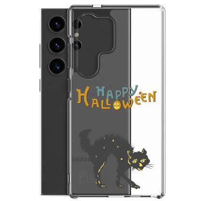 Clear phone case featuring a scary cat Halloween design for Samsung Galaxy