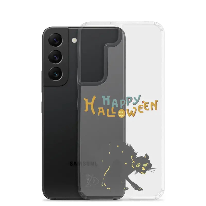 Clear phone case with Halloween-themed design featuring a scary cat for Samsung Galaxy