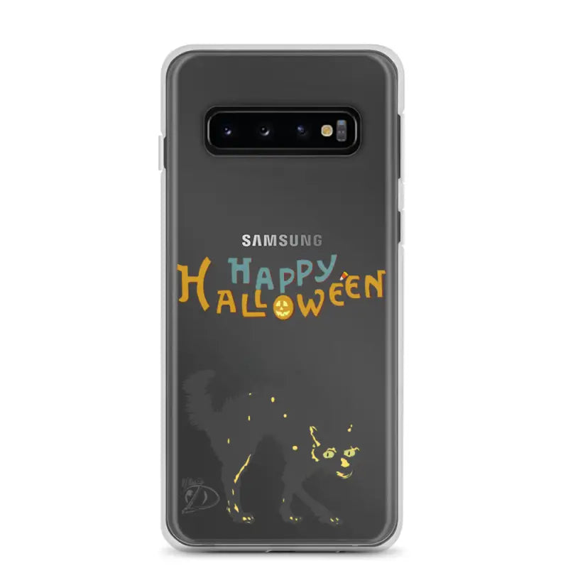 Clear phone case featuring a scary cat Halloween design for Samsung Galaxy