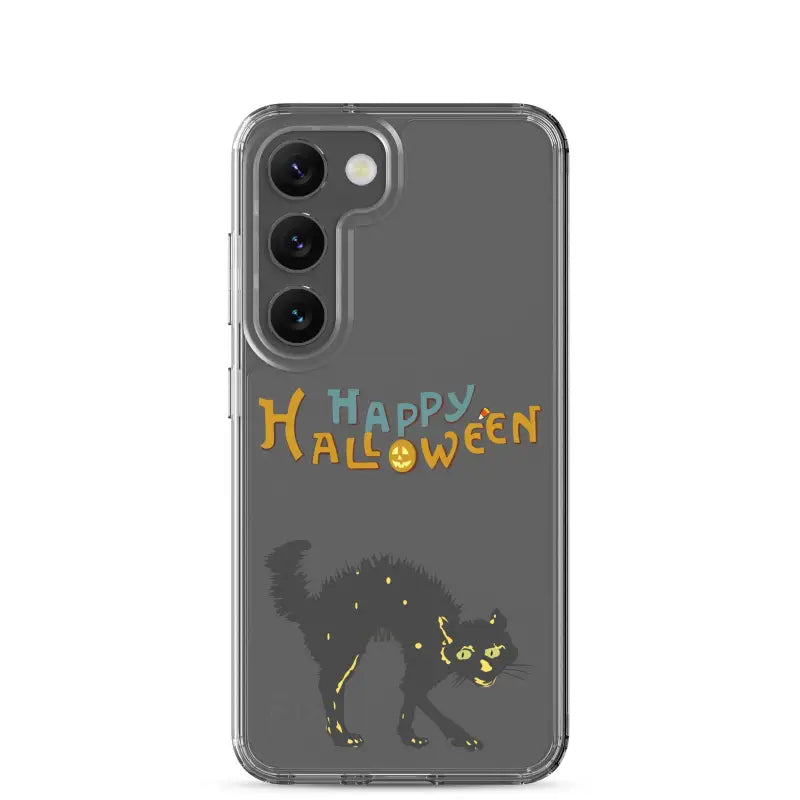 Clear phone case with colorful text and a scary cat Halloween design for Samsung Galaxy