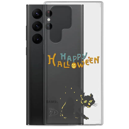 Clear phone case featuring a scary cat and colorful Happy Halloween design for Samsung Galaxy