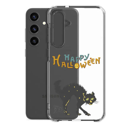 Clear case featuring Happy Halloween text and scary cat design for Samsung Galaxy