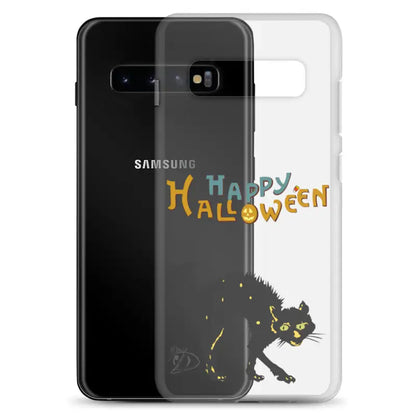 Clear cat Halloween clear case featuring a scary cat and colorful Happy Halloween text