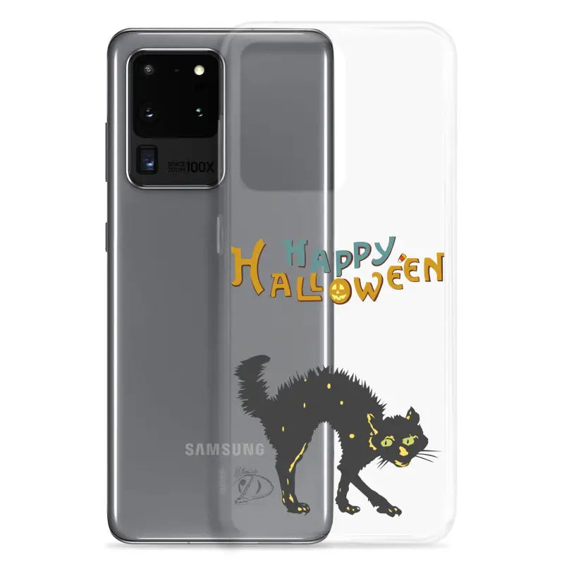 Clear phone case featuring a scary cat Halloween design for Samsung Galaxy users