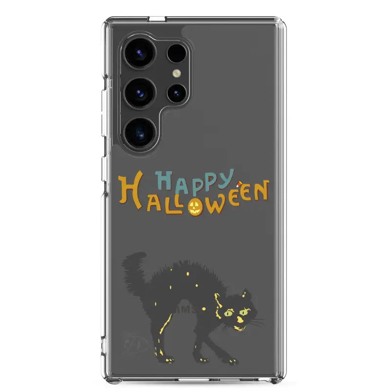 Clear phone case featuring a scary cat Halloween design for Samsung Galaxy