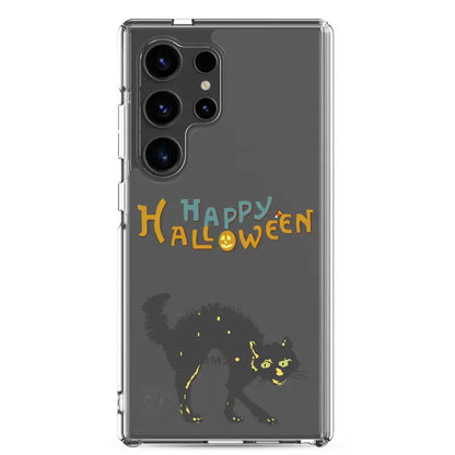 Clear phone case featuring a scary cat Halloween design for Samsung Galaxy