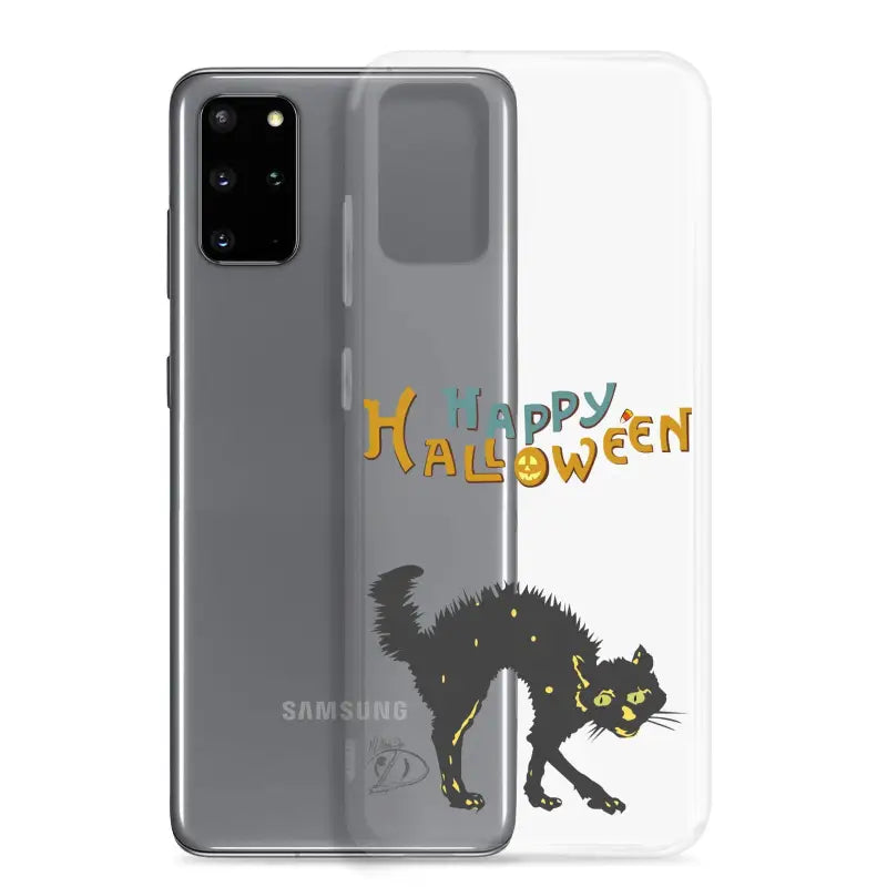 Clear phone case with Halloween spooky black cat and colorful Happy Halloween text