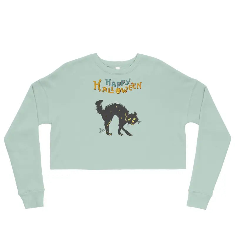 Mint green cropped sweatshirt with black cat and Happy Halloween design for Scary Cat Halloween